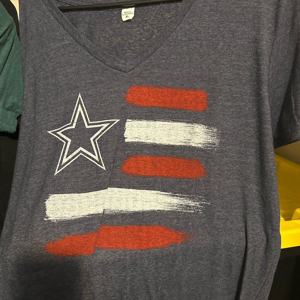 Blue V-Neck T-Shirt with Star and Stripes